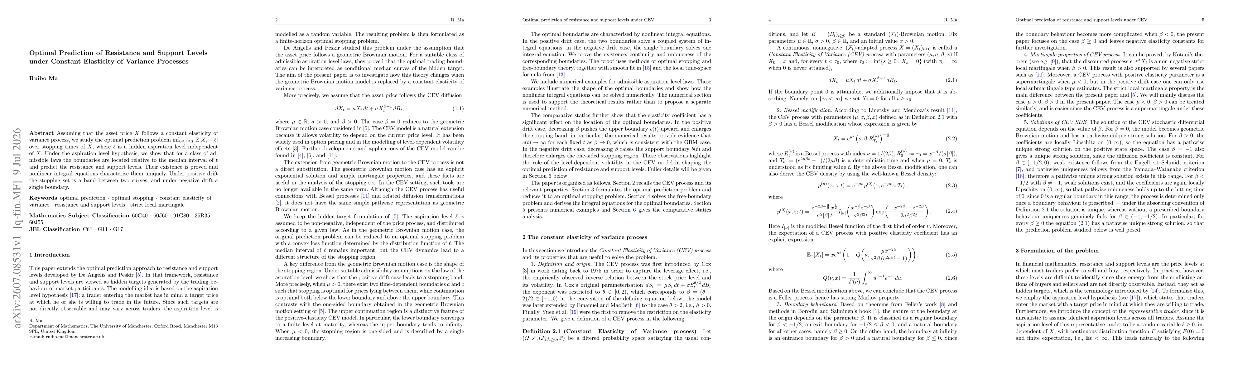 Thumbnail for Optimal Prediction of Resistance and Support Levels under Constant Elasticity of Variance Processes