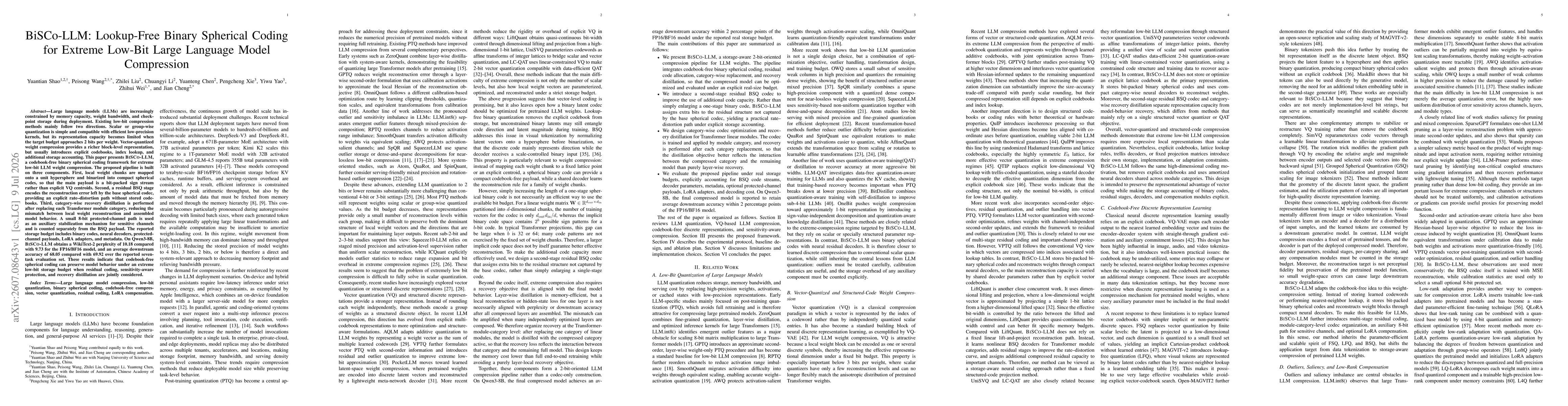 Thumbnail for BiSCo-LLM: Lookup-Free Binary Spherical Coding for Extreme Low-Bit Large Language Model Compression