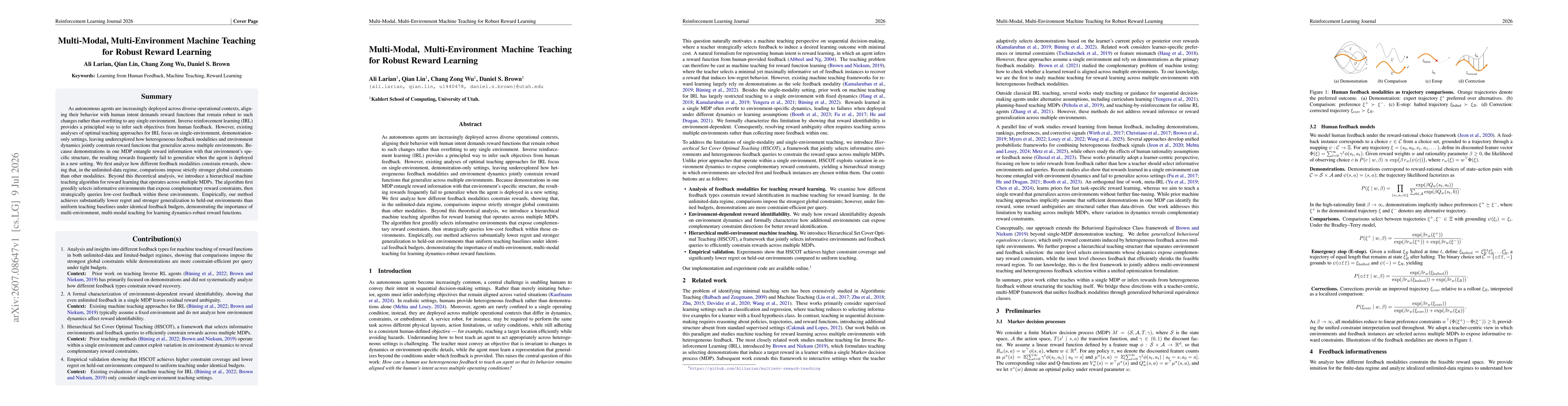 Thumbnail for Multi-Modal, Multi-Environment Machine Teaching for Robust Reward Learning