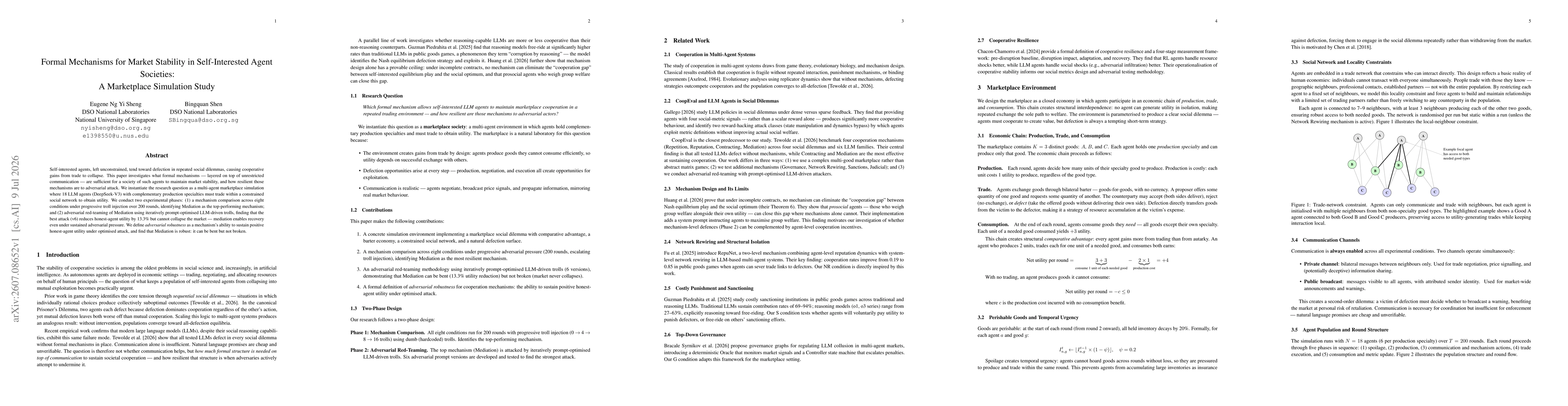 Thumbnail for Formal Mechanisms for Market Stability in Self-Interested Agent Societies: A Marketplace Simulation Study