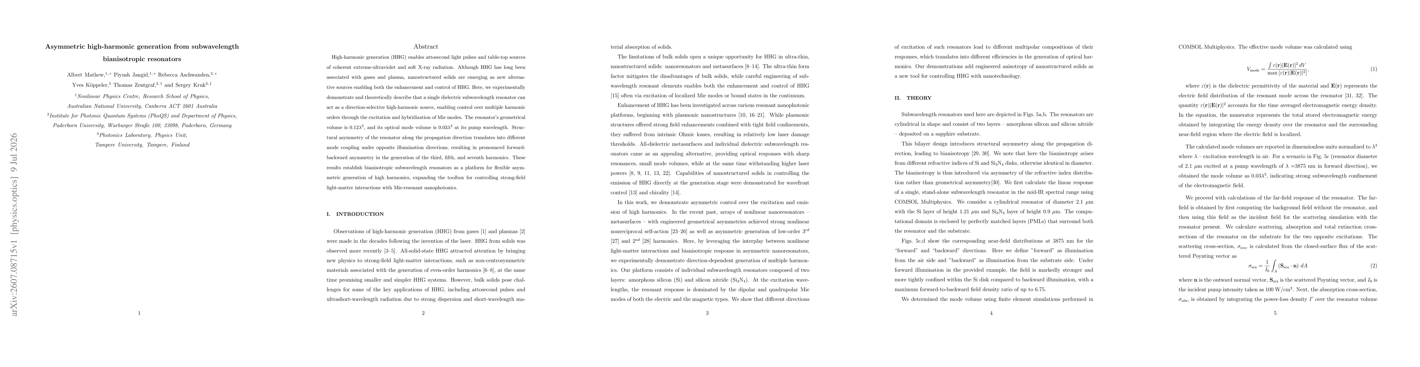 Thumbnail for Asymmetric high-harmonic generation from subwavelength bianisotropic resonators