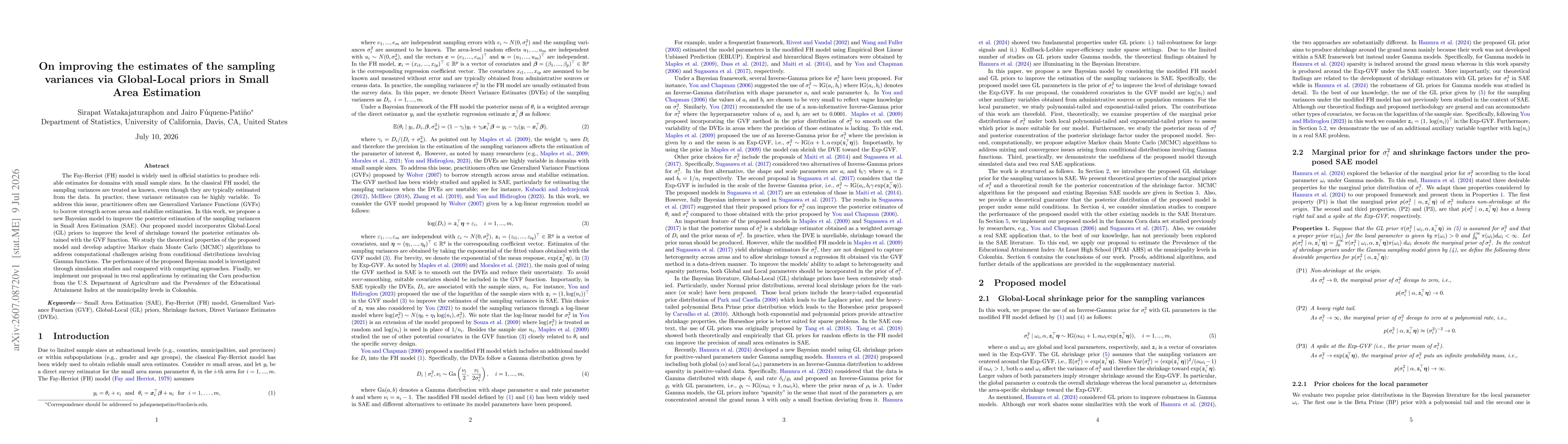Thumbnail for On improving the estimates of the sampling variances via Global-Local priors in Small Area Estimation