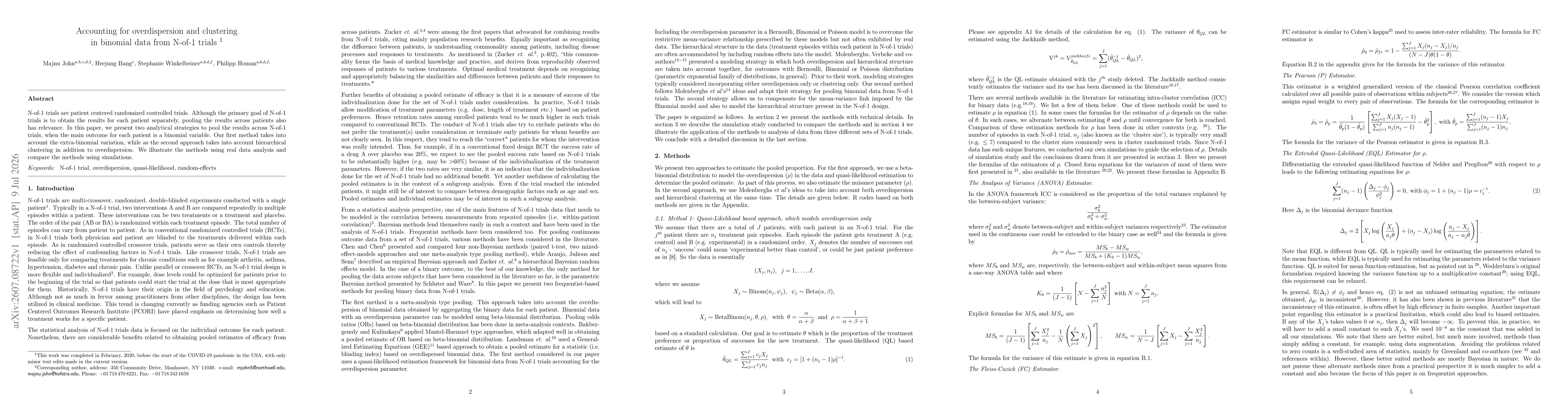 Thumbnail for Accounting for overdispersion and clustering in binomial data from N-of-1 trials