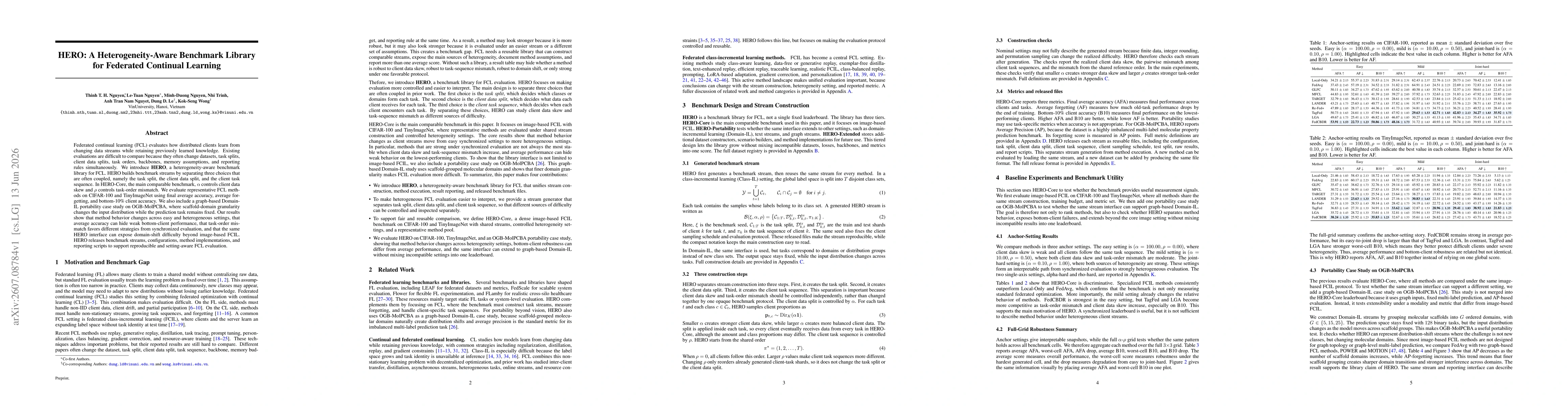 Thumbnail for HERO: A Heterogeneity-Aware Benchmark Library for Federated Continual Learning