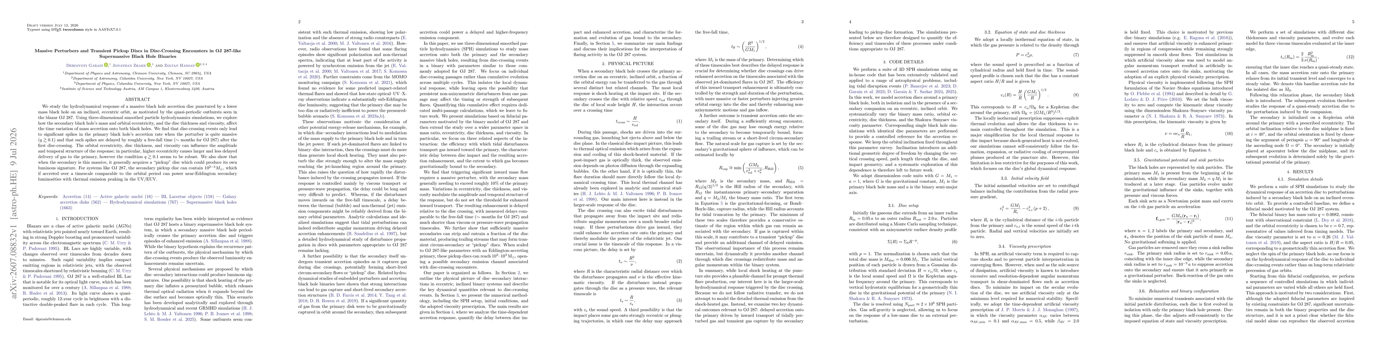 Thumbnail for Massive Perturbers and Transient Pickup Discs in Disc-Crossing Encounters in OJ 287-like Supermassive Black Hole Binaries