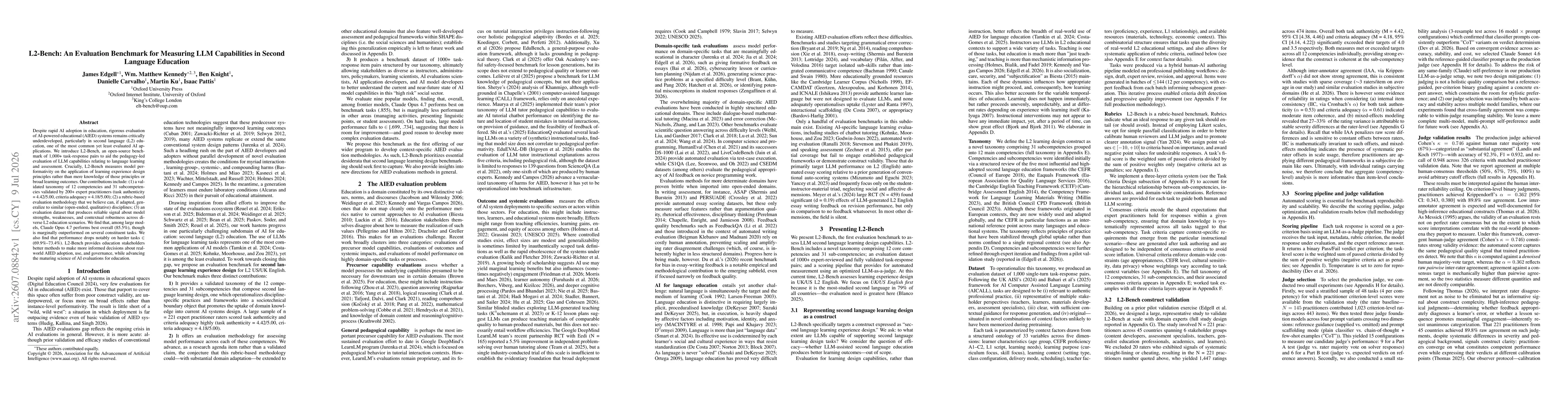 Thumbnail for L2-Bench: An Evaluation Benchmark for Measuring LLM Capabilities in Second Language Education