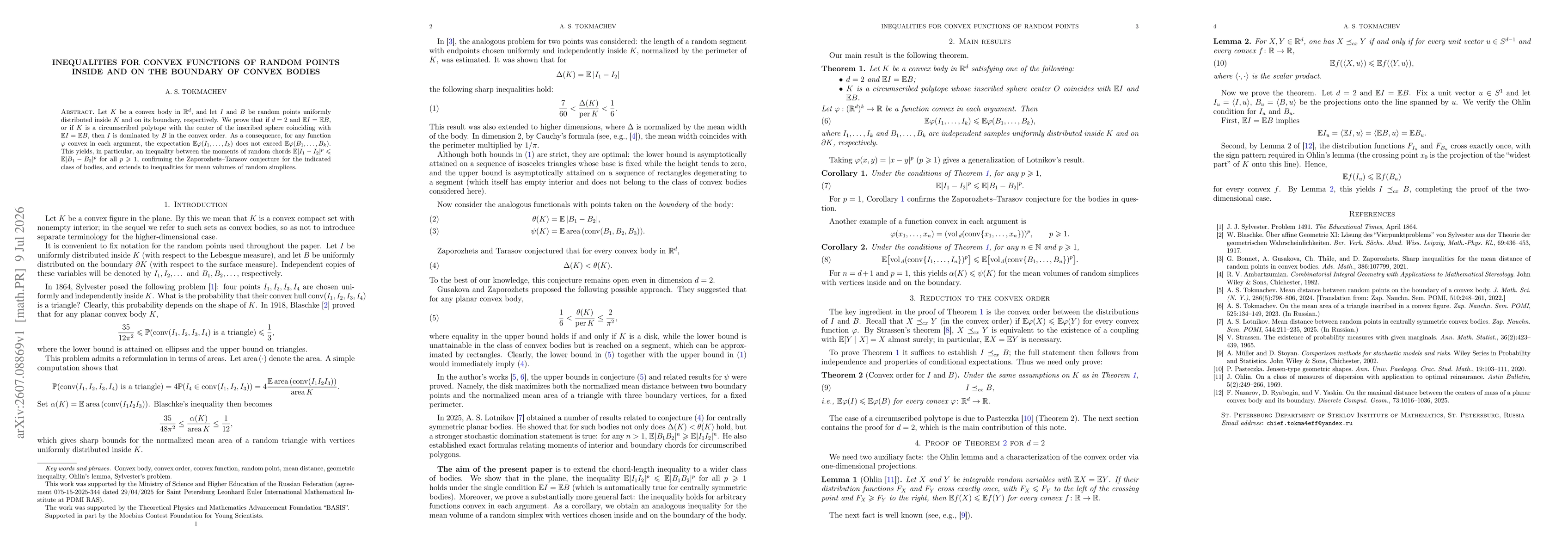 Thumbnail for Inequalities for convex functions of random points inside and on the boundary of convex bodies