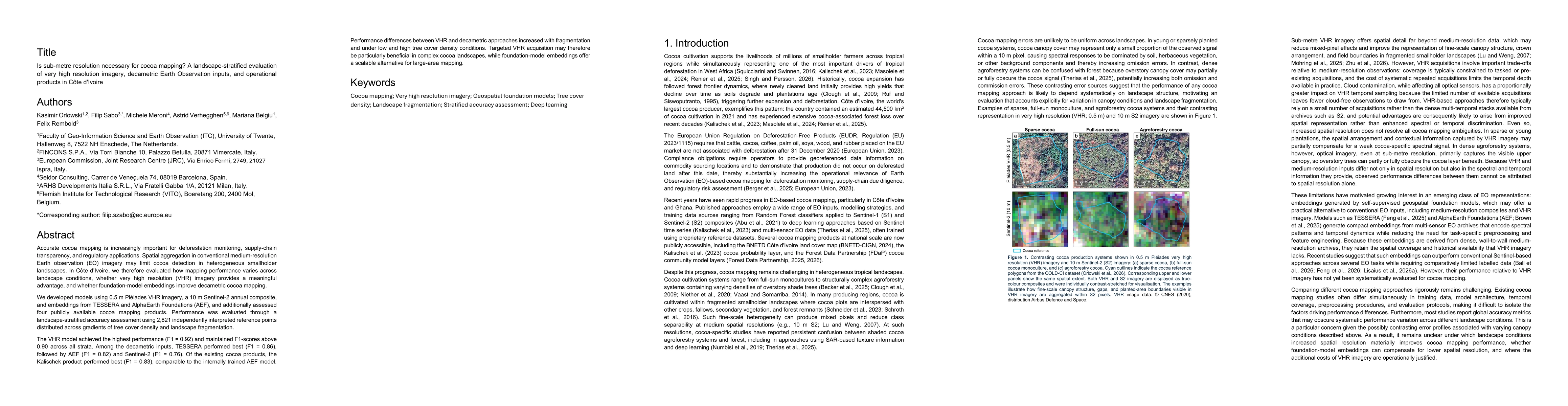 Thumbnail for Is sub-metre resolution necessary for cocoa mapping? A landscape-stratified evaluation of very high resolution imagery, decametric Earth Observation inputs, and operational products in Cote d'Ivoire