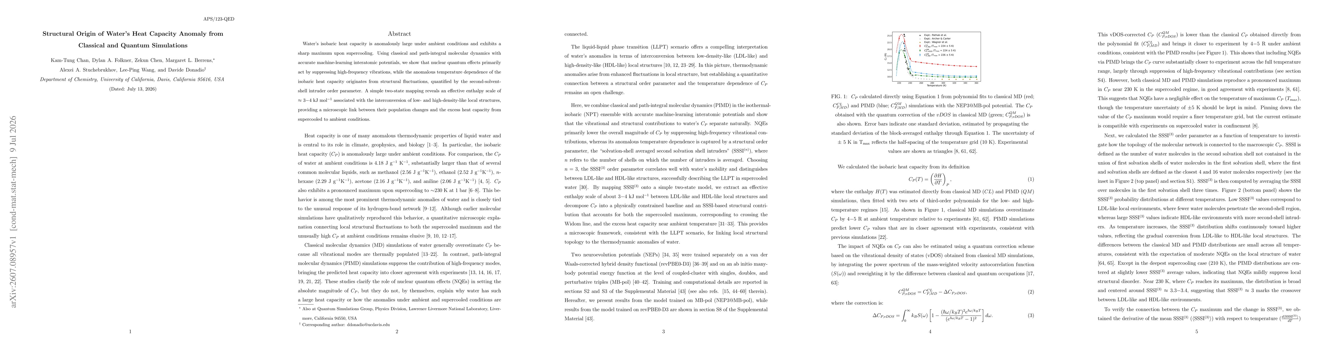 Thumbnail for Structural Origin of Water Heat Capacity Anomaly from Classical and Quantum Simulations