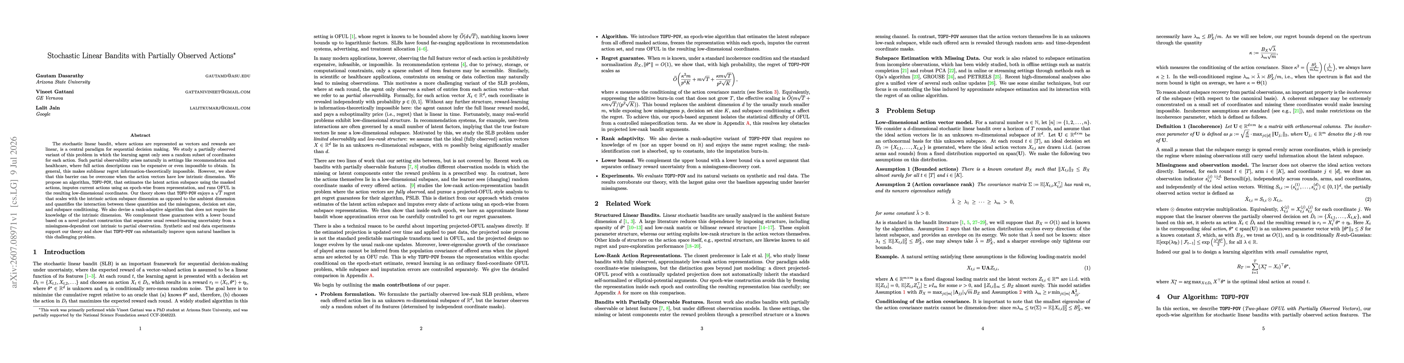 Thumbnail for Stochastic Linear Bandits with Partially Observed Actions