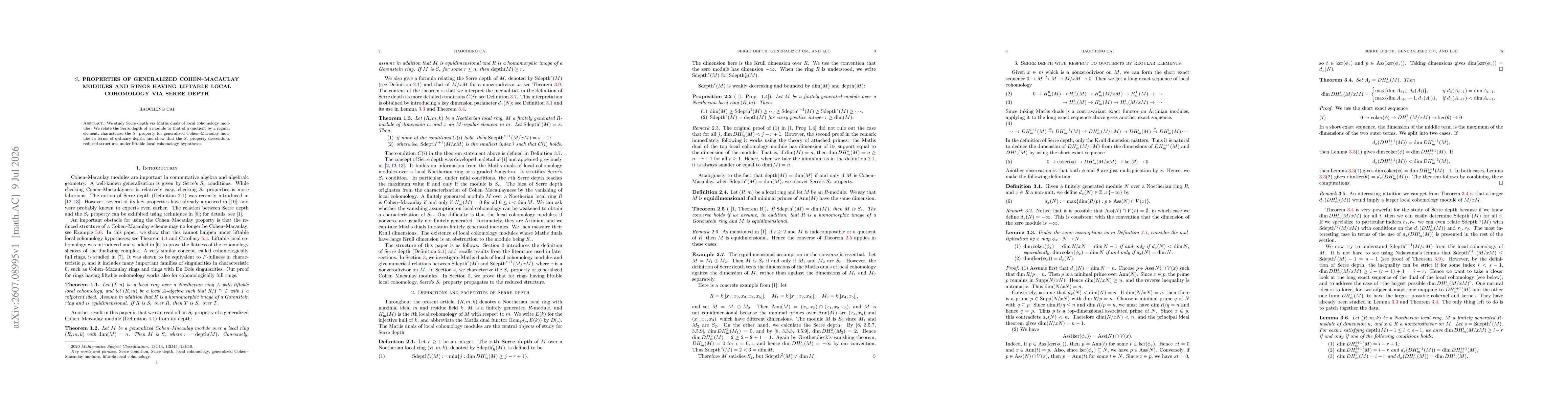 Thumbnail for $S_r$ properties of generalized Cohen--Macaulay modules and rings having liftable local cohomology via Serre depth