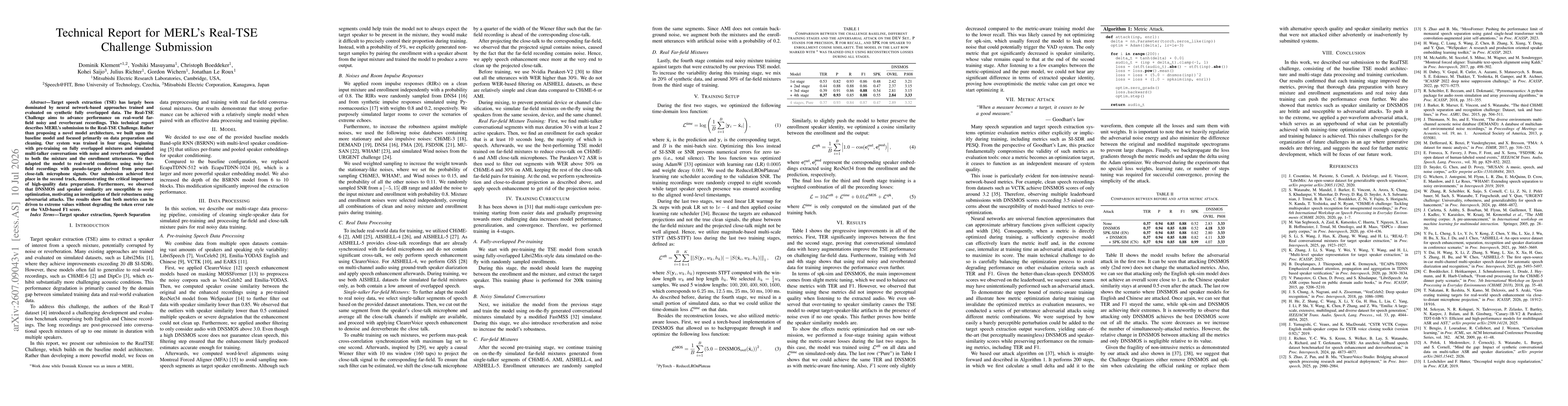 Thumbnail for Technical Report for MERL's Real-TSE Challenge Submission