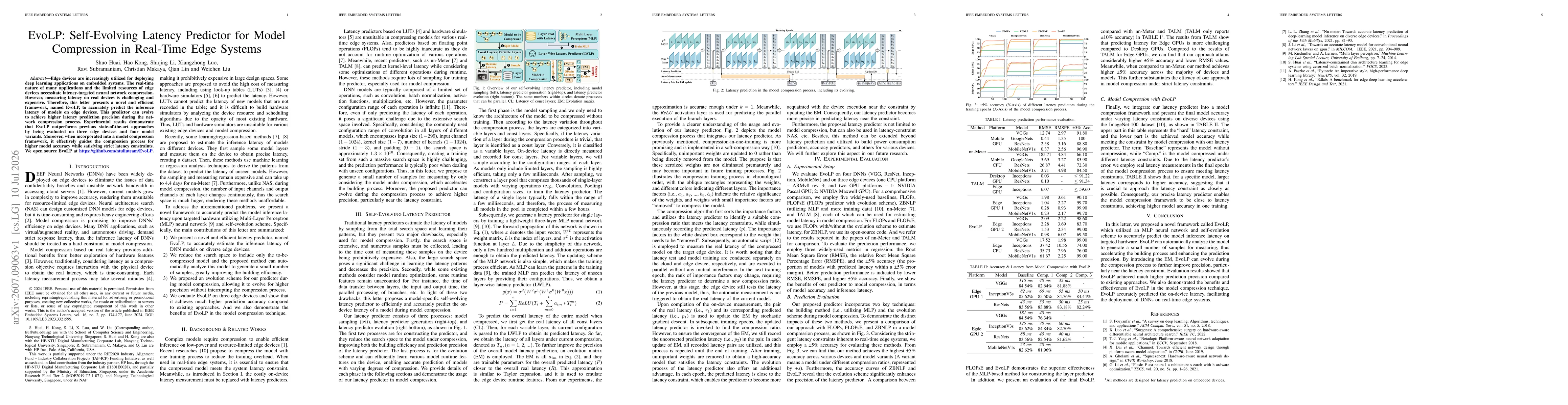 Thumbnail for EvoLP: Self-Evolving Latency Predictor for Model Compression in Real-Time Edge Systems
