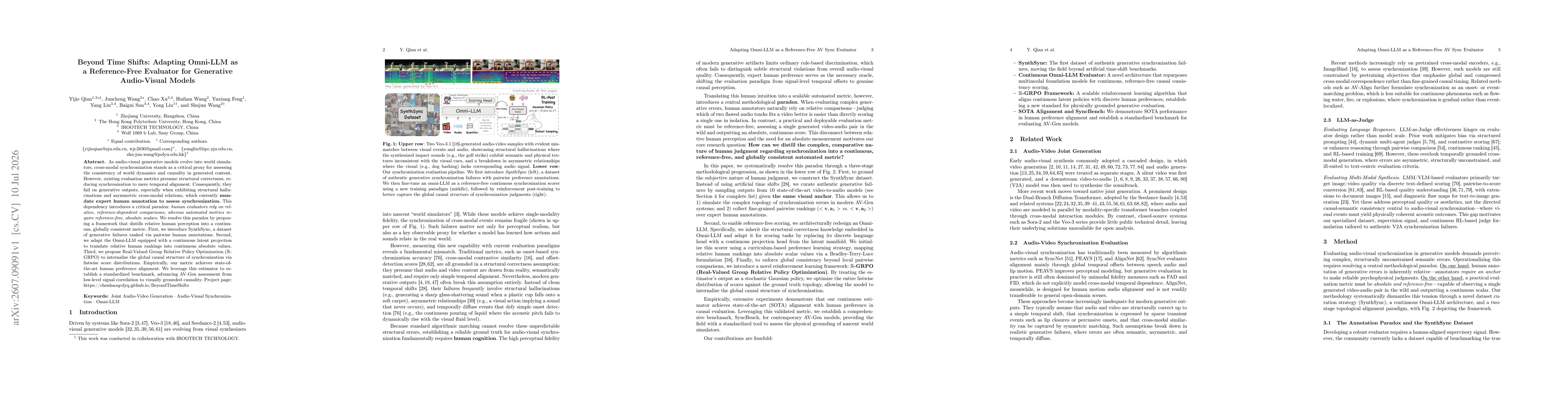 Thumbnail for Beyond Time Shifts: Adapting Omni-LLM as a Reference-Free Evaluator for Generative Audio-Visual Models