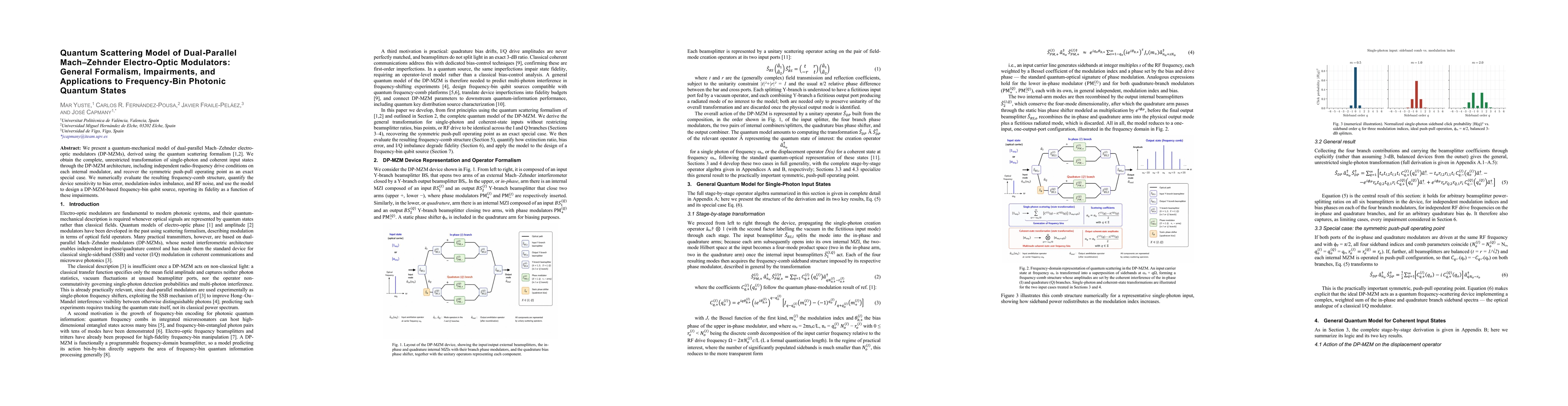 Thumbnail for Quantum Scattering Model of Dual Parallel Mach Zehnder Electro Optic Modulators: General Formalism, Impairments, and Applications to Frequency-Bin Photonic Quantum States