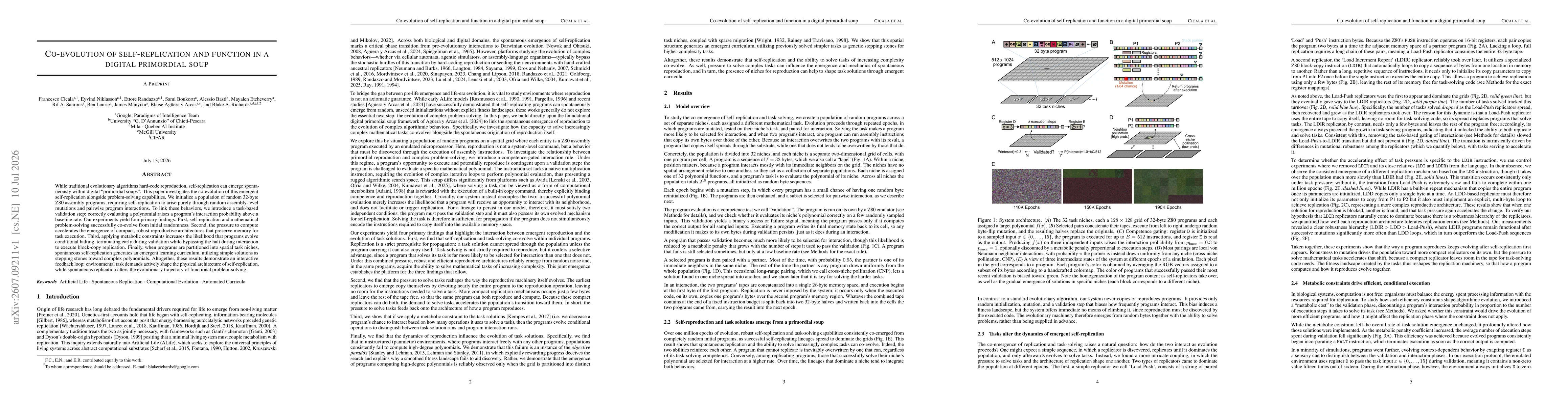 Thumbnail for Co-evolution of self-replication and function in a digital primordial soup