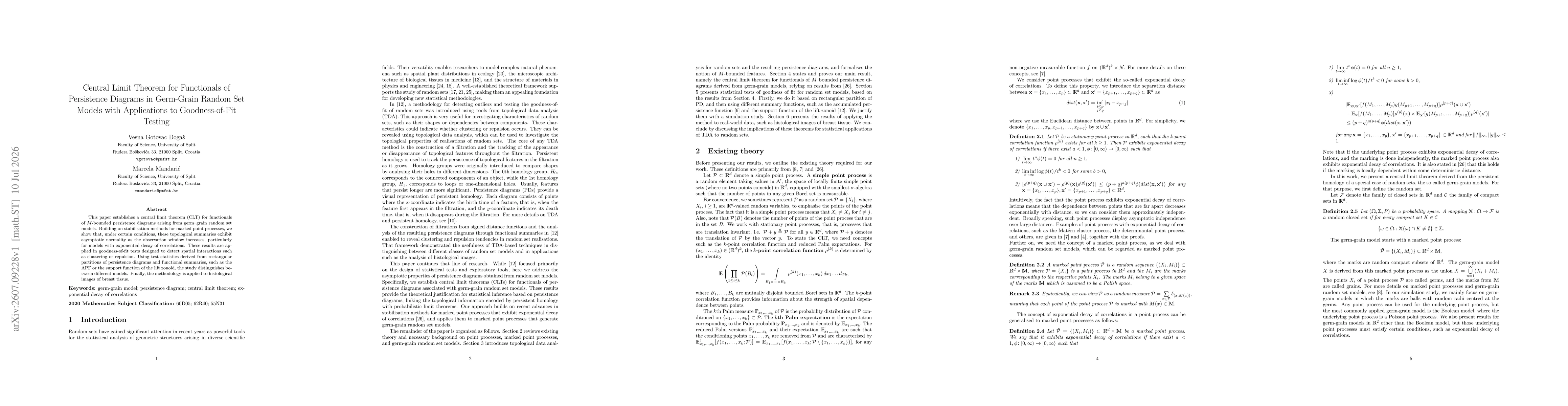 Thumbnail for Central Limit Theorems for Functionals of Persistence Diagrams in Germ-Grain Random Set Models with Applications to Goodness-of-Fit Testing
