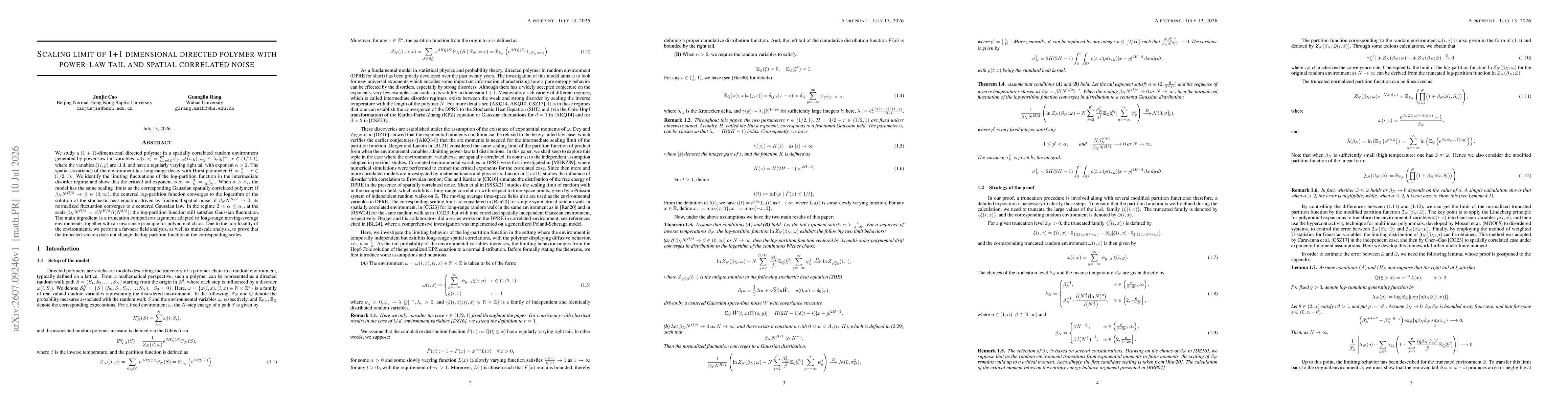 Thumbnail for Scaling limit of 1+1 dimensional directed polymer with power-law tail and spatial correlated noise