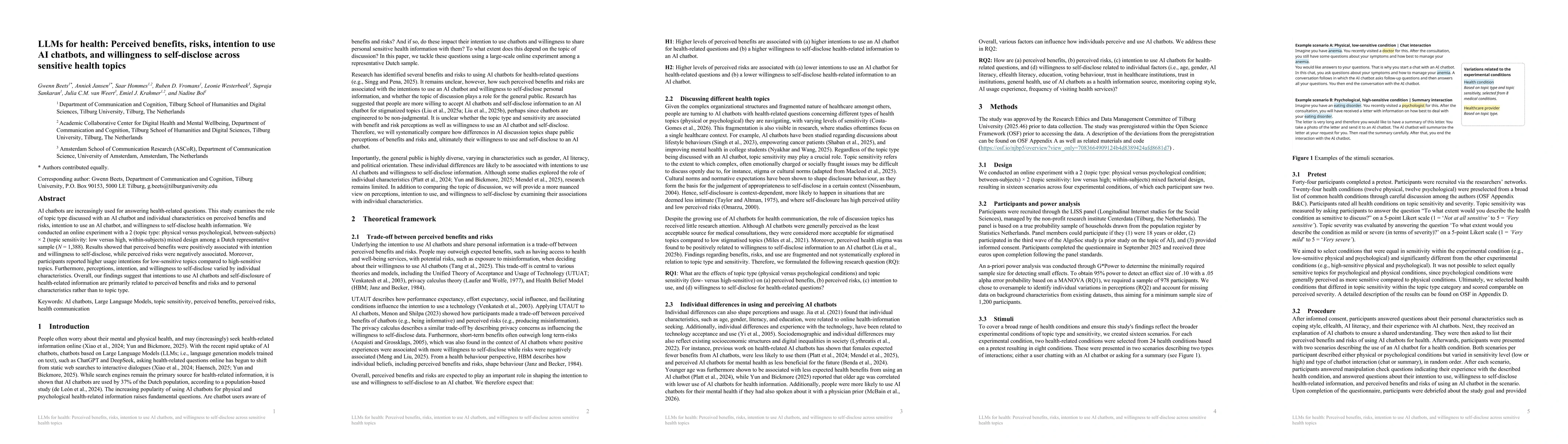 Thumbnail for LLMs for health: Perceived benefits, risks, intention to use AI chatbots, and willingness to self-disclose across sensitive health topics