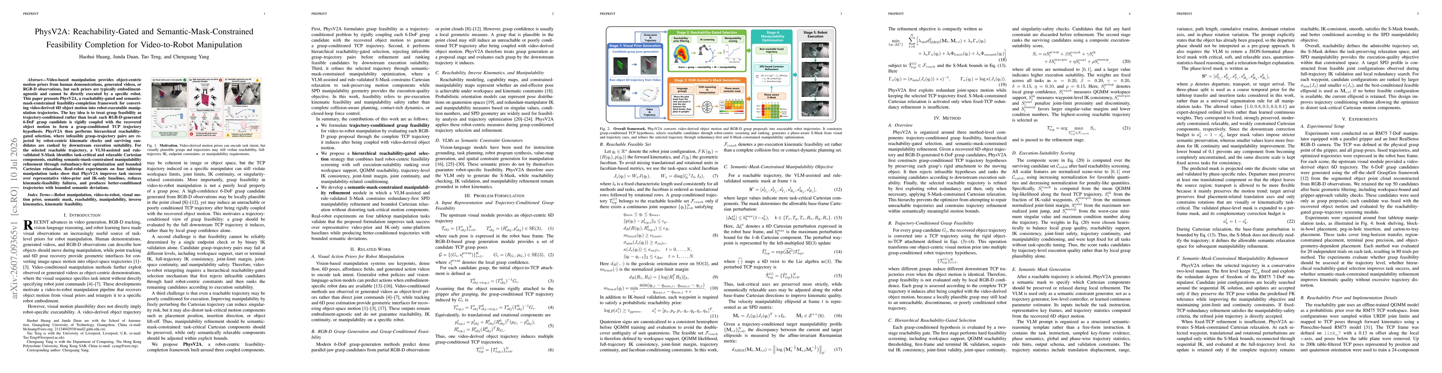 Thumbnail for PhysV2A: Reachability-Gated and Semantic-Mask-Constrained Feasibility Completion for Video-to-Robot Manipulation