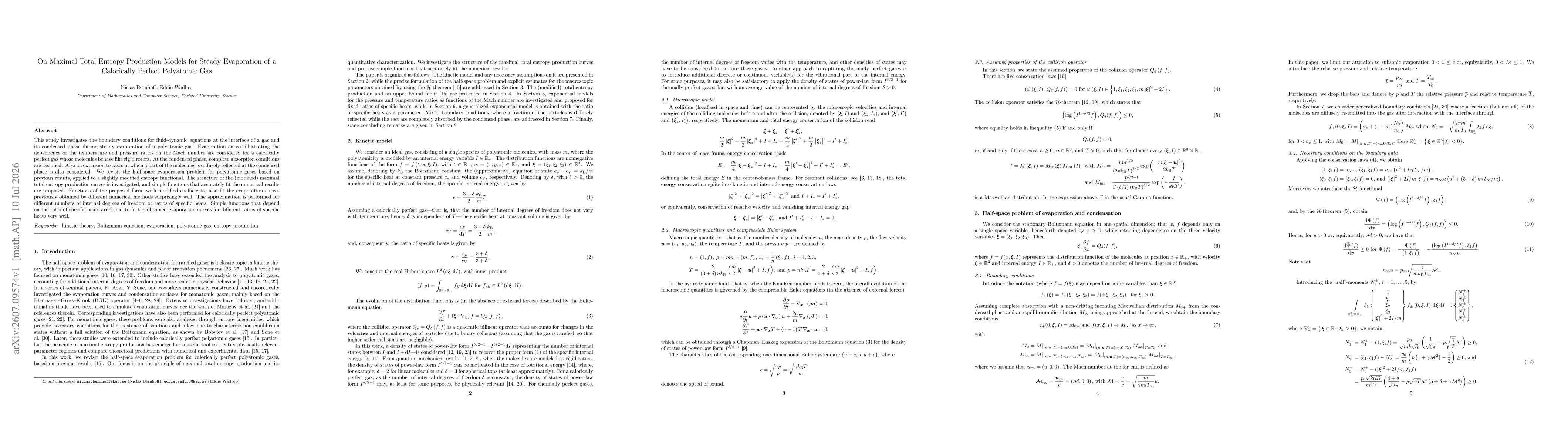 Thumbnail for On Maximal Total Entropy Production Models for Steady Evaporation of a Calorically Perfect Polyatomic Gas