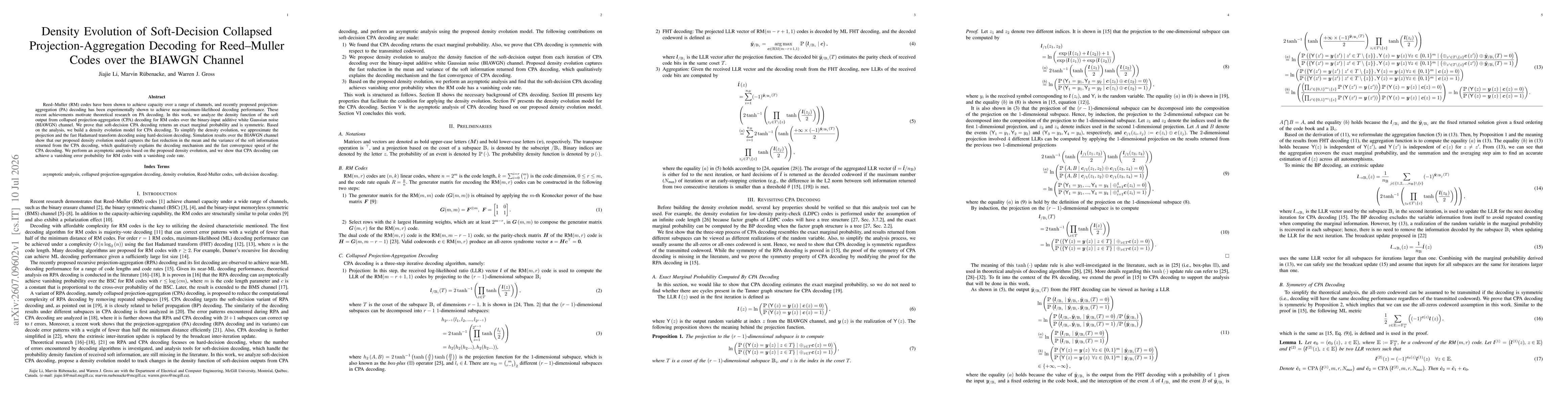 Thumbnail for Density Evolution of Soft-Decision Collapsed Projection-Aggregation Decoding for Reed-Muller Codes over the BIAWGN Channel