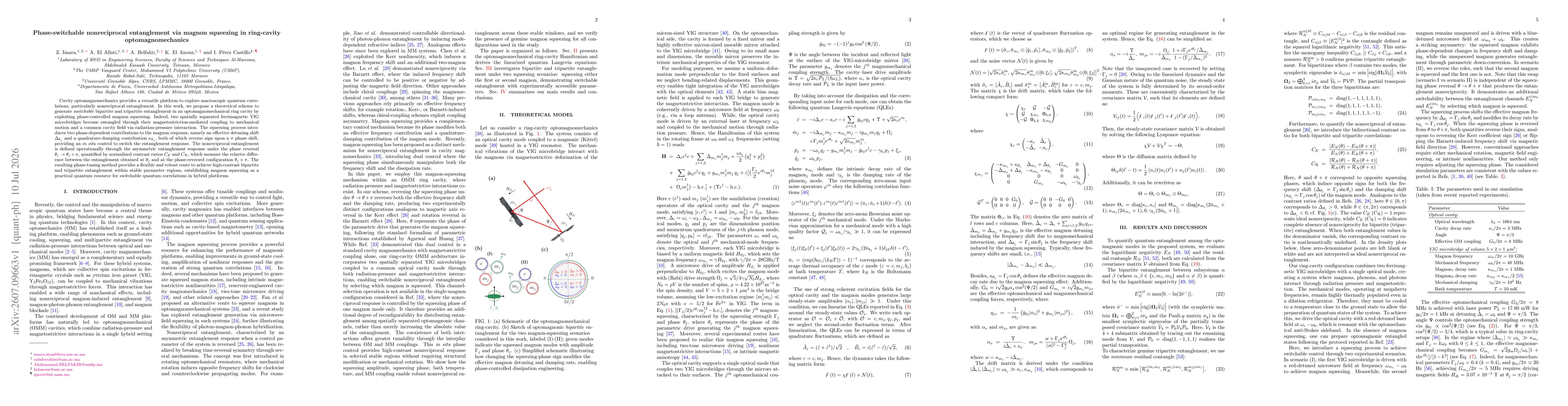 Thumbnail for Phase-switchable nonreciprocal entanglement via magnon squeezing in ring-cavity optomagnomechanics