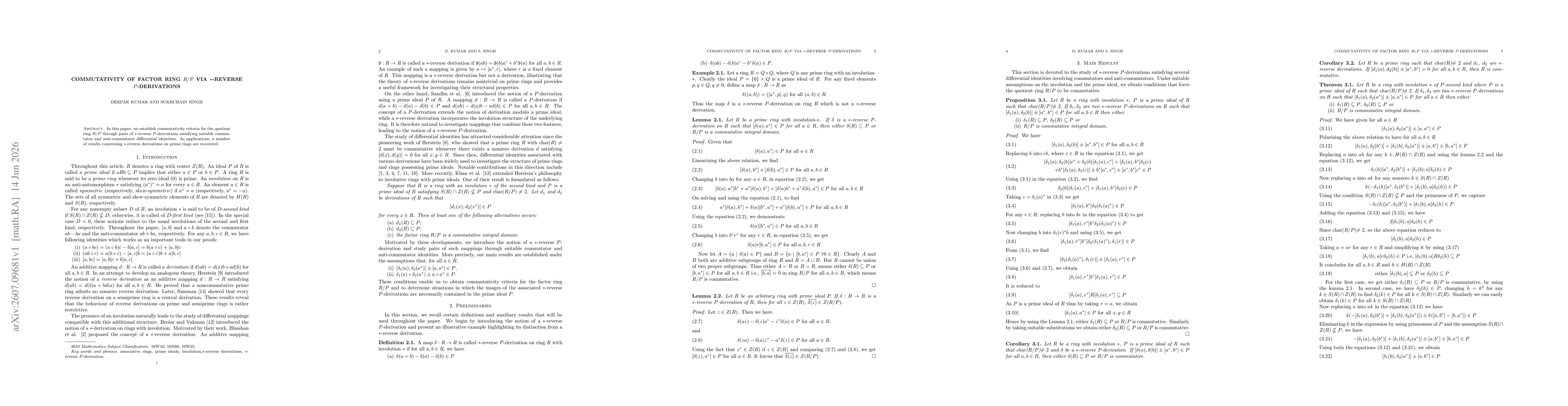 Thumbnail for Commutativity of Factor Ring R/P via *-Reverse P-Derivations