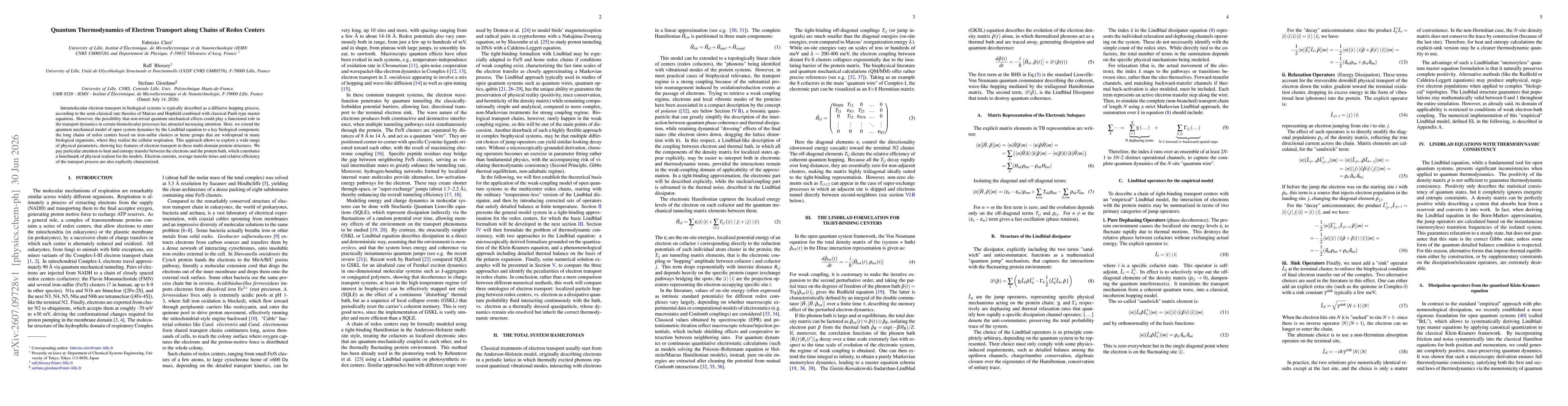 Thumbnail for Quantum Thermodynamics of Electron Transport along Chains of Redox Centers