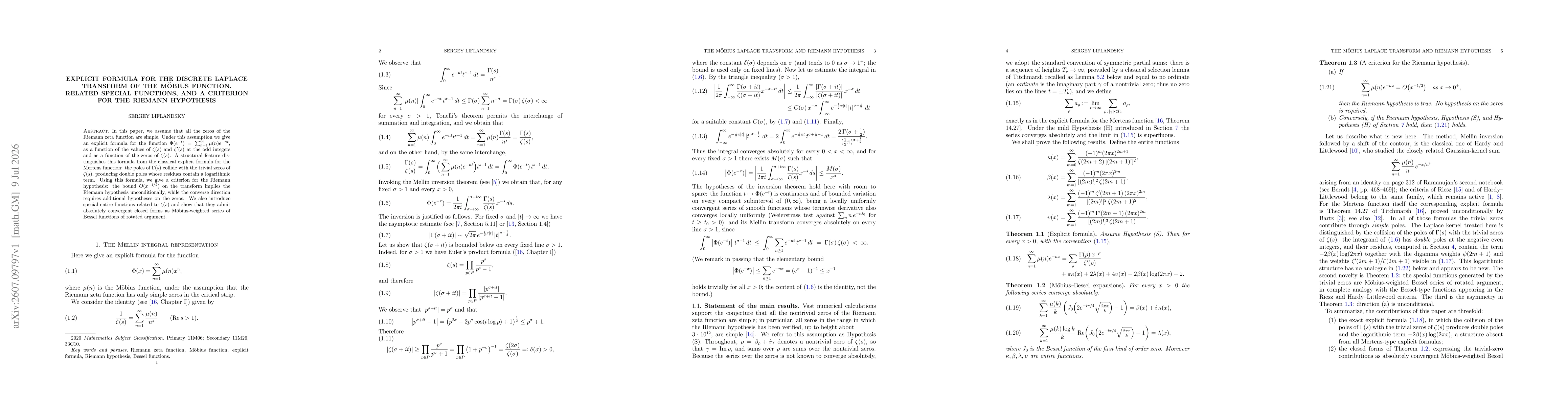 Thumbnail for Explicit formula for the discrete Laplace transform of the Möbius function, related special functions, and a criterion for the Riemann hypothesis