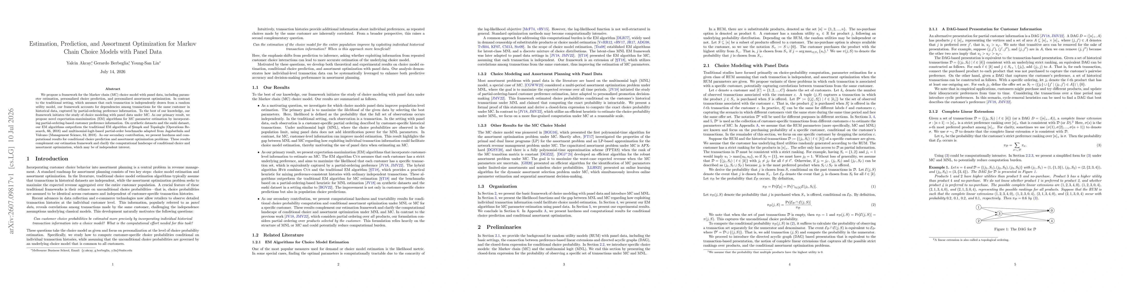 Thumbnail for Estimation, Prediction, and Assortment Optimization for Markov Chain Choice Models with Panel Data