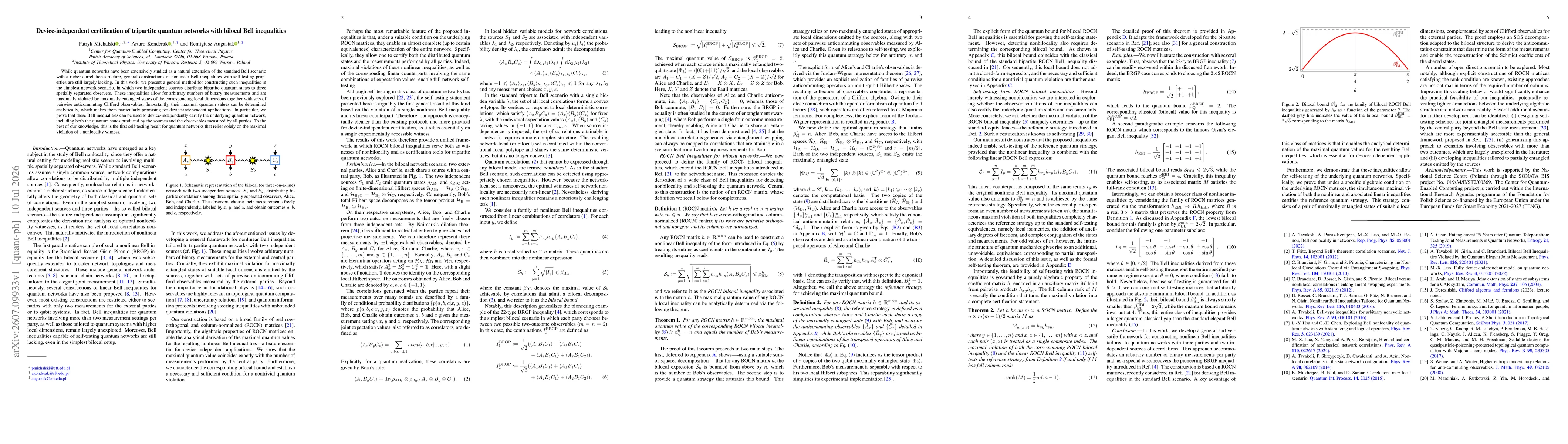 Thumbnail for Device-independent certification of tripartite quantum networks with bilocal Bell inequalities