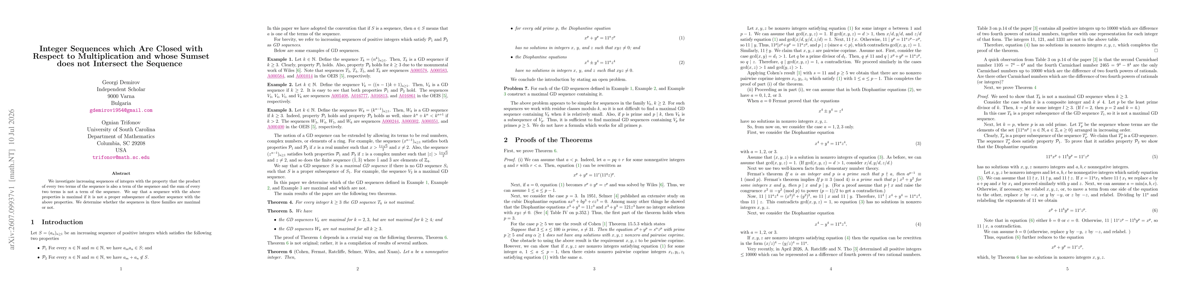 Thumbnail for Integer Sequences which Are Closed with Respect to Multiplication and whose Sumset does not Intersect the Sequence