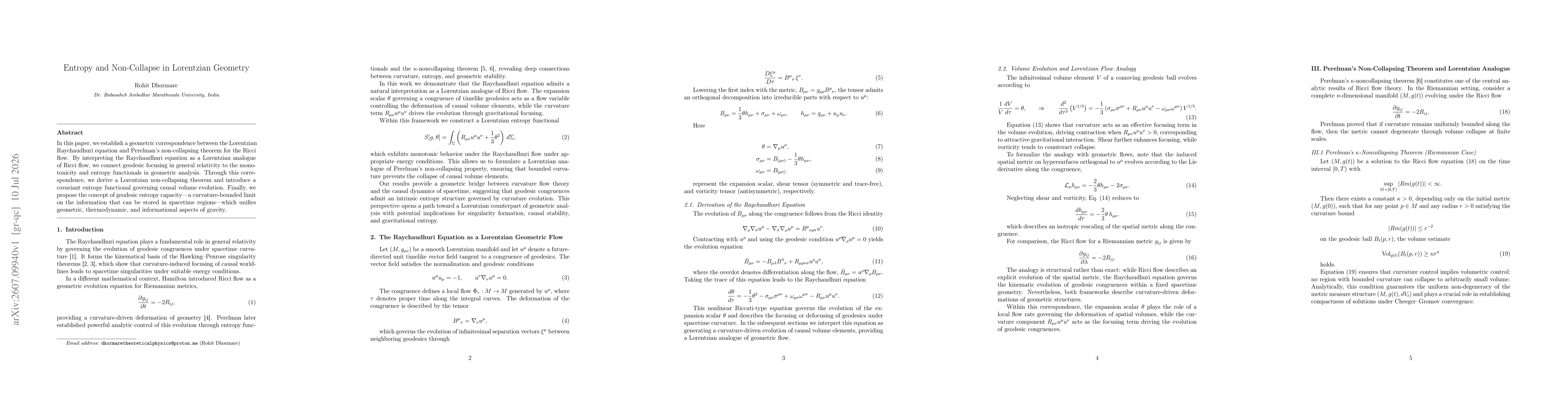 Thumbnail for Entropy and Non-Collapse in Lorentzian Geometry