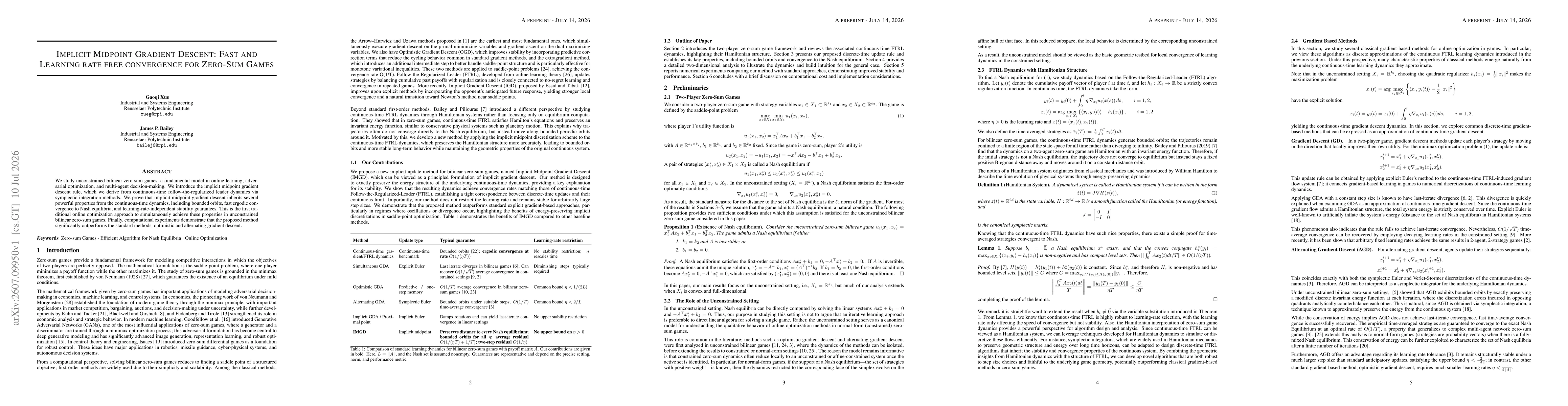 Thumbnail for Implicit Midpoint Gradient Descent: Fast and Learning rate free convergence for Zero-Sum Games