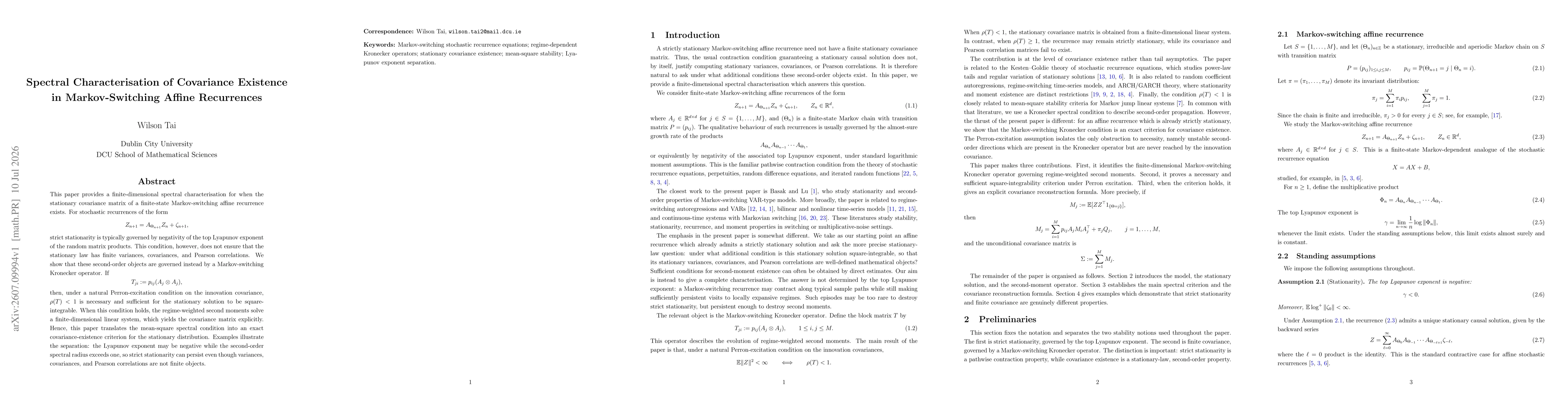 Thumbnail for Spectral Characterisation of Covariance Existence in Markov-Switching Affine Recurrences