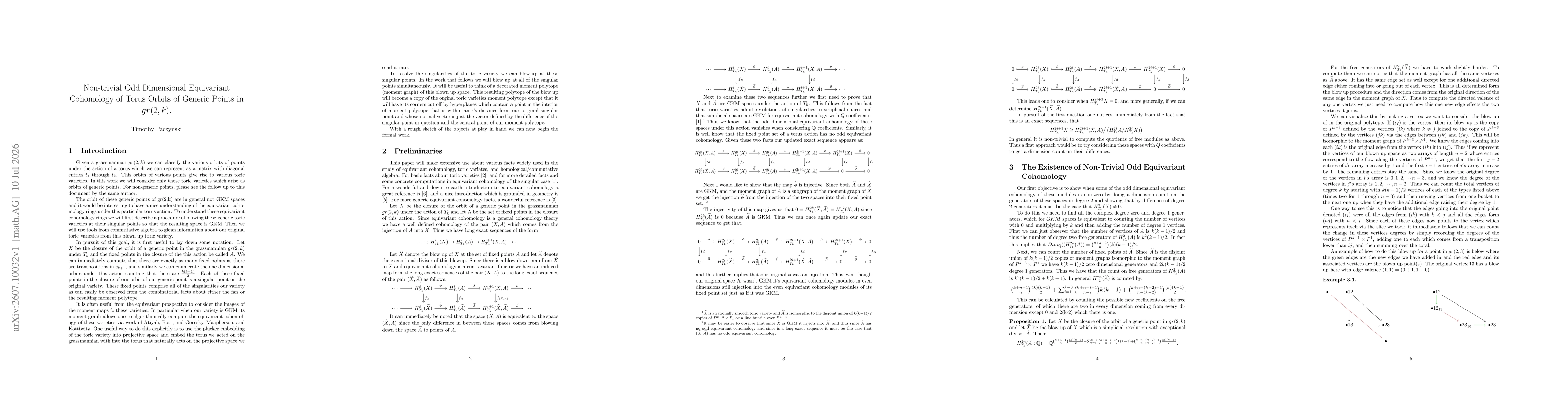 Thumbnail for Non-trivial Odd Dimensional Equivariant Cohomology of Torus Orbits of Generic Points in $gr(2,k)$