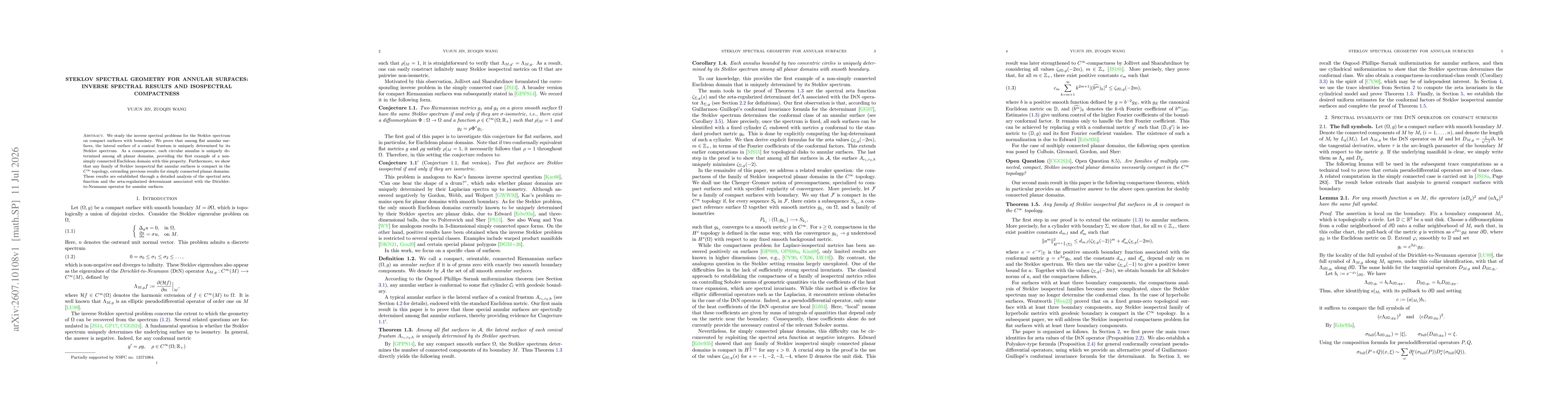 Thumbnail for Steklov Spectral Geometry for Annular Surfaces: Inverse spectral results and isospectral compactness