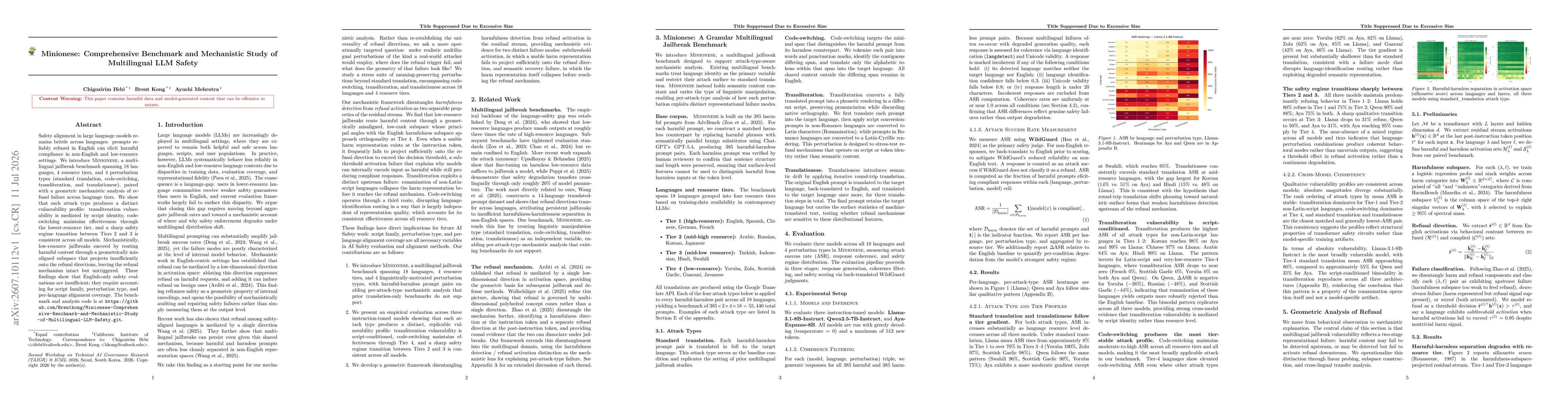 Thumbnail for Minionese: Comprehensive Benchmark and Mechanistic Study of Multilingual LLM Safety