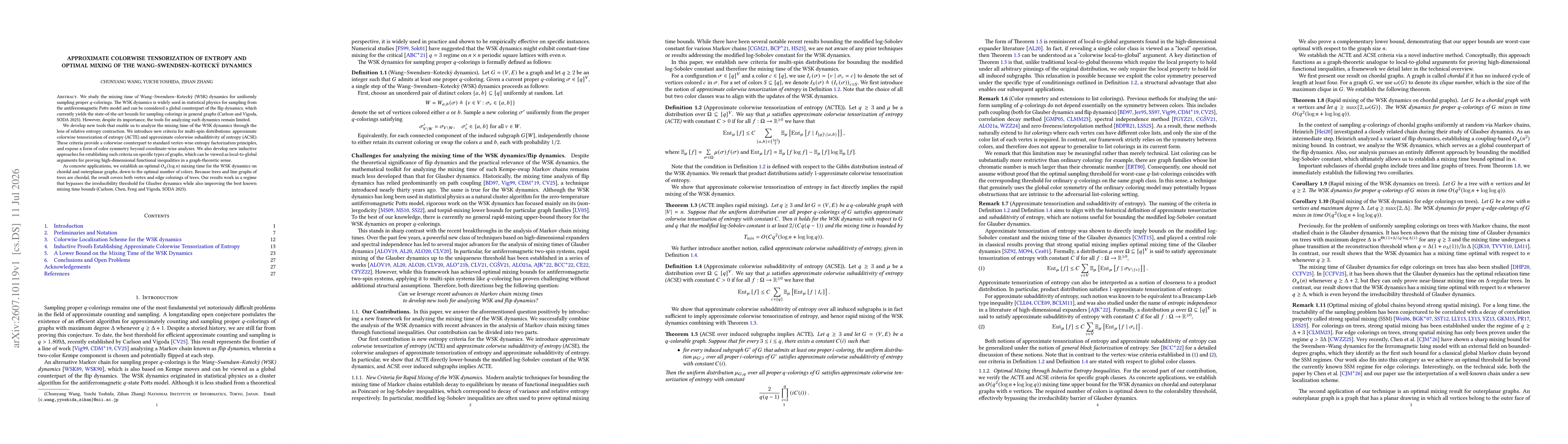 Thumbnail for Approximate Colorwise Tensorization of Entropy and Optimal Mixing of the Wang-Swendsen-Kotecký Dynamics