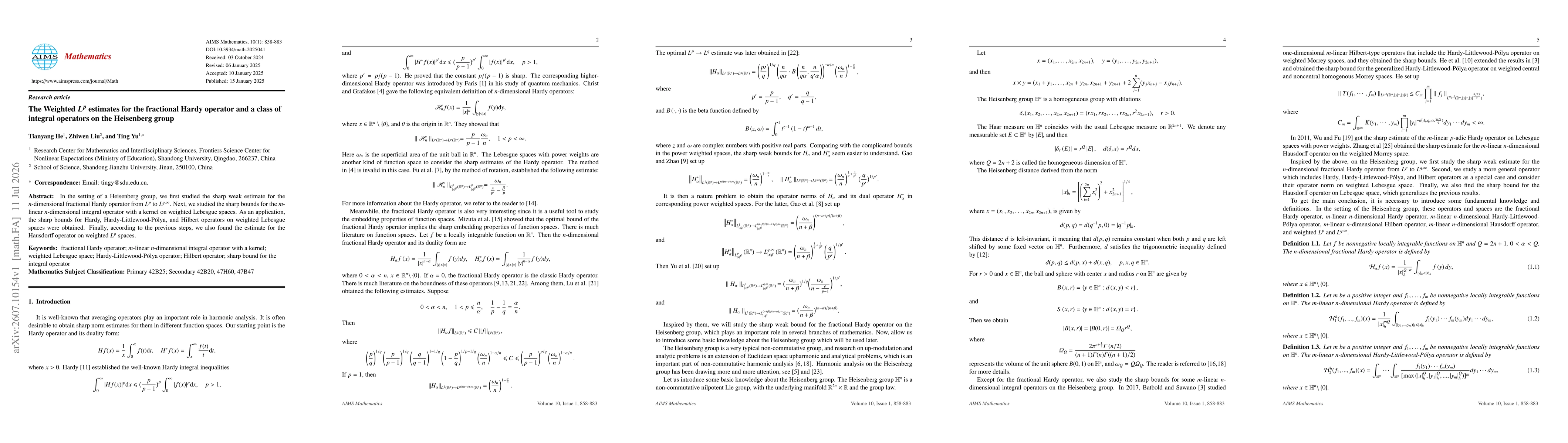 Thumbnail for The Weighted $\boldsymbol{L}^{\boldsymbol{p}}$ estimates for the fractional Hardy operator and a class of integral operators on the Heisenberg group