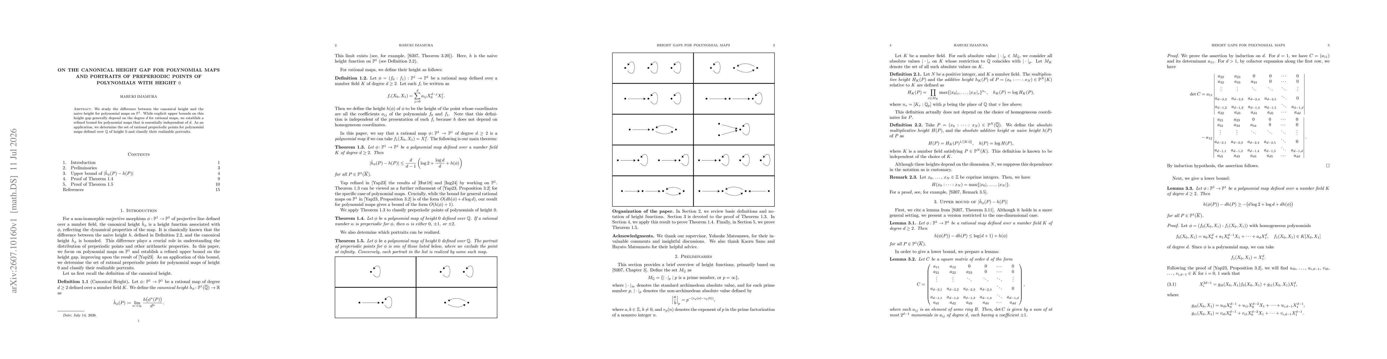 Thumbnail for On the Canonical Height Gap for Polynomial Maps and Portraits of Preperiodic Points of Polynomials with Height $0$