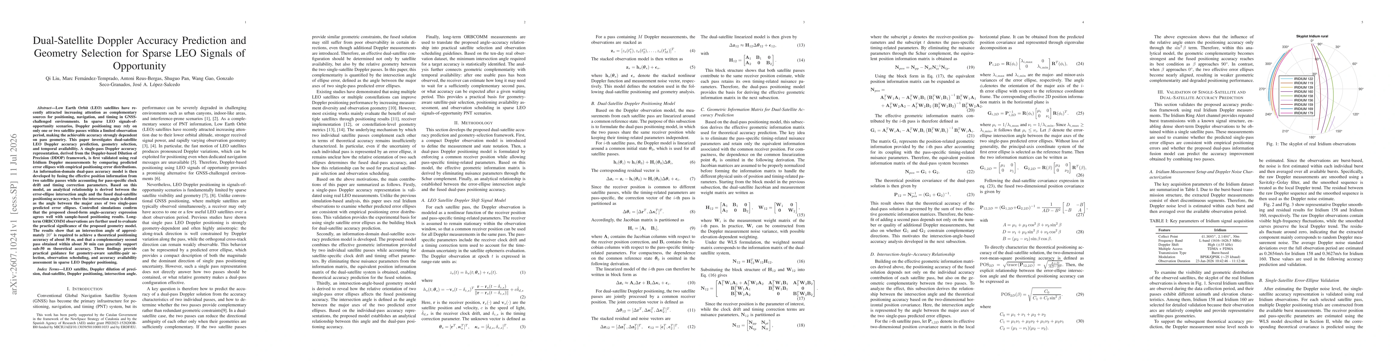 Thumbnail for Dual-Satellite Doppler Accuracy Prediction and Geometry Selection for Sparse LEO Signals of Opportunity