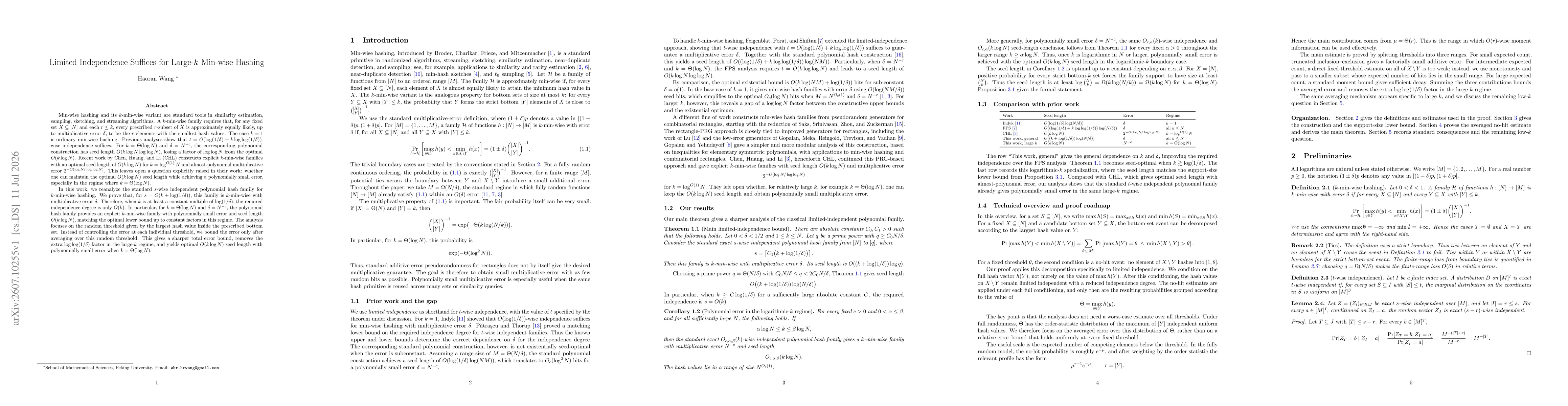 Thumbnail for Limited Independence Suffices for Large-k Min-wise Hashing