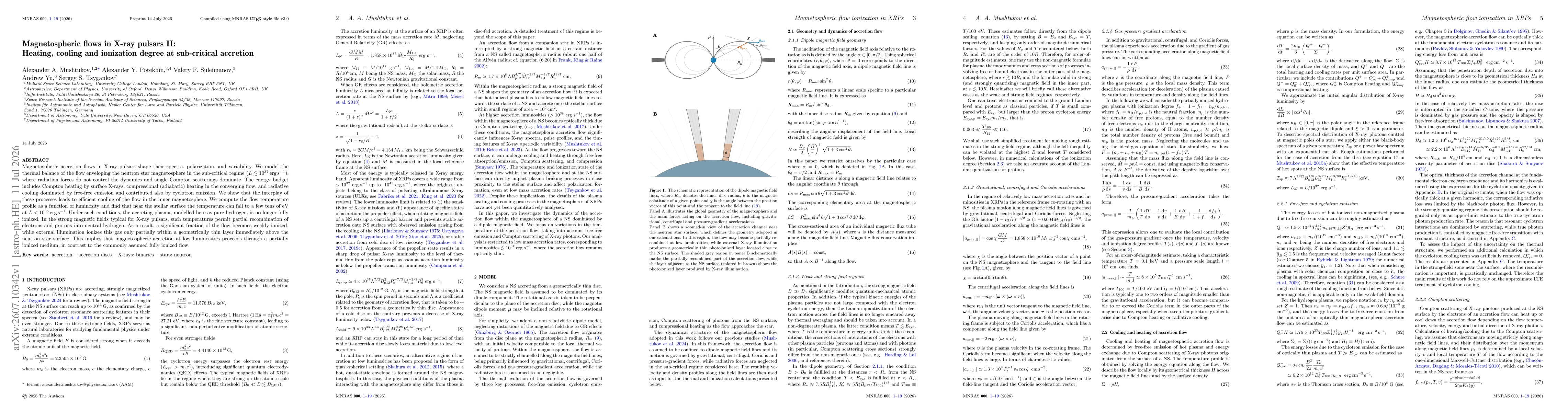 Thumbnail for Magnetospheric flows in X-ray pulsars II: Heating, cooling and ionization degree at sub-critical accretion