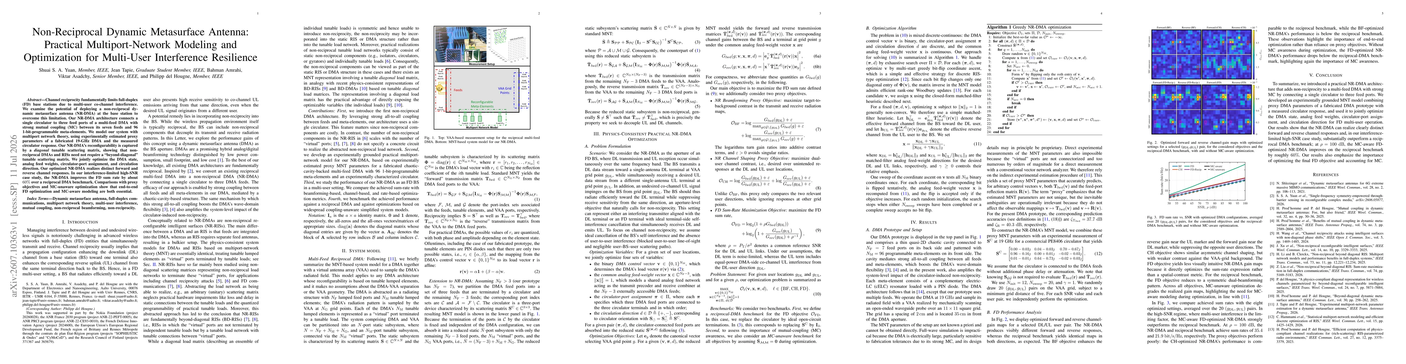 Thumbnail for Non-Reciprocal Dynamic Metasurface Antenna: Practical Multiport-Network Modeling and Optimization for Multi-User Interference Resilience