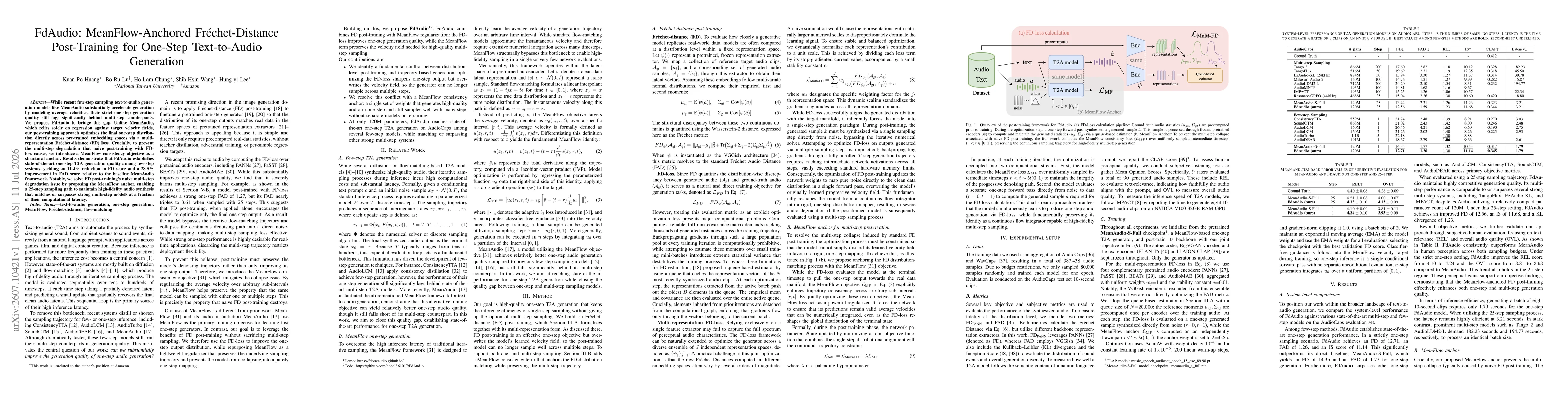 Thumbnail for FdAudio: MeanFlow-Anchored Fréchet-Distance Post-Training for One-Step Text-to-Audio Generation