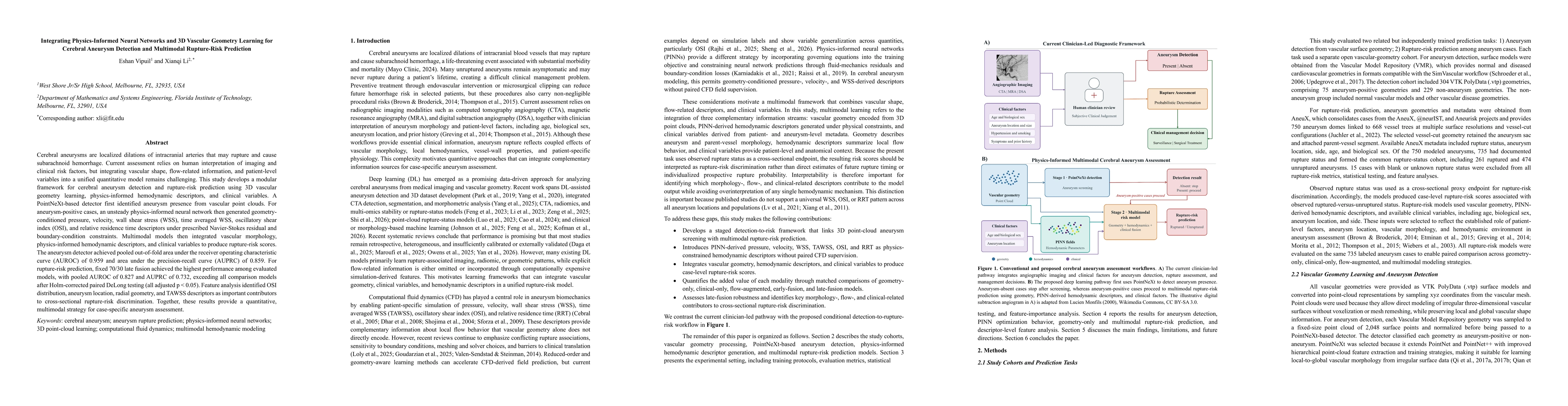 Thumbnail for Integrating Physics-Informed Neural Networks and 3D Vascular Geometry Learning for Cerebral Aneurysm Detection and Multimodal Rupture-Risk Prediction