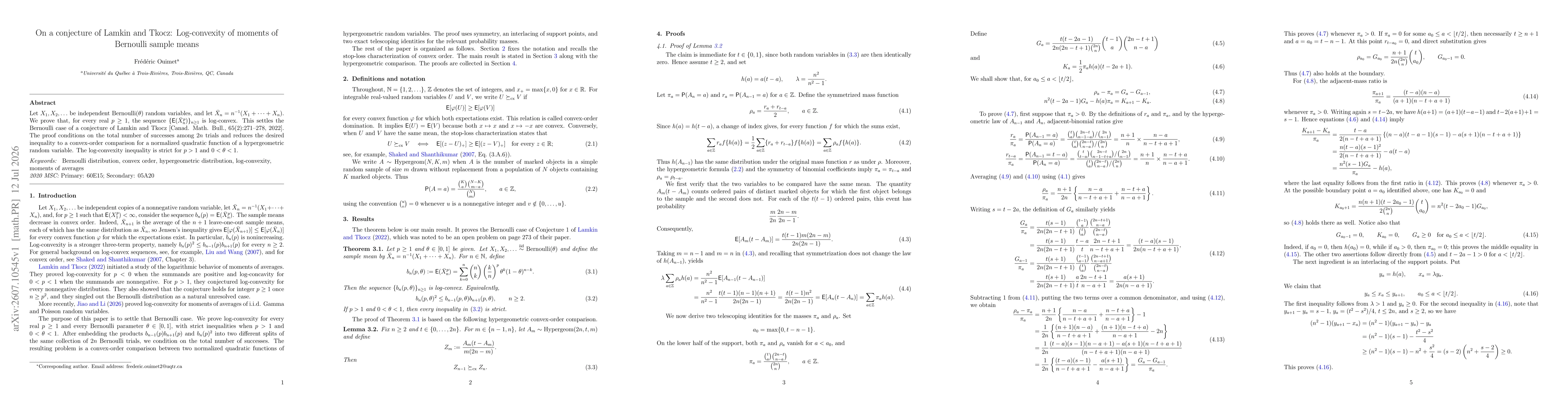 Thumbnail for On a conjecture of Lamkin and Tkocz: Log-convexity of moments of Bernoulli sample means