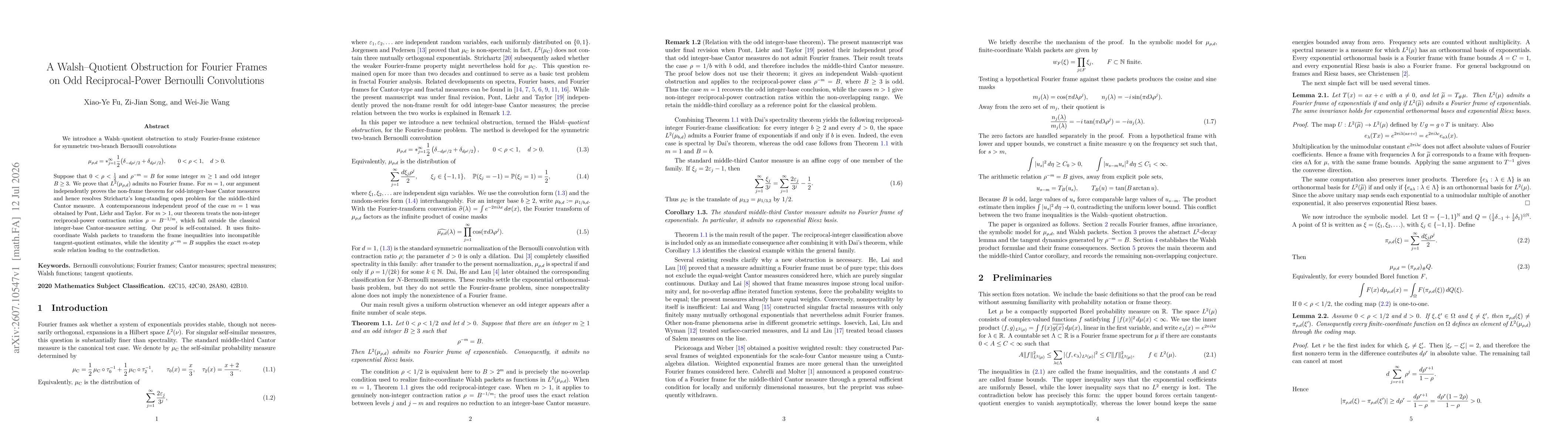 Thumbnail for A Walsh-Quotient Obstruction for Fourier Frames on Odd Reciprocal-Power Bernoulli Convolutions